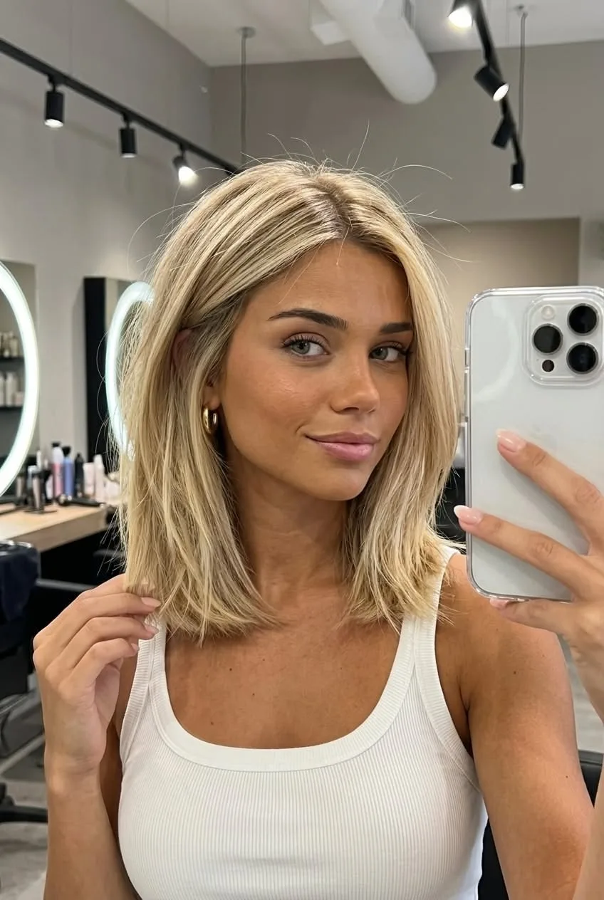 Eine junge Frau mit schulterlangem, blondem Haar in einem Long-Bob-Schnitt macht ein Selfie in einem Friseursalon.