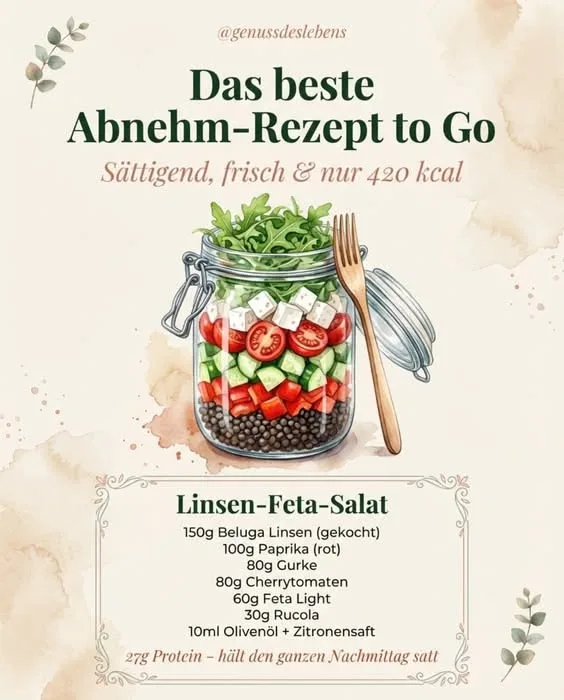 Illustriertes Einmachglas mit geschichtetem Linsensalat, bestehend aus Linsen, Gemüse, Feta und Rucola.