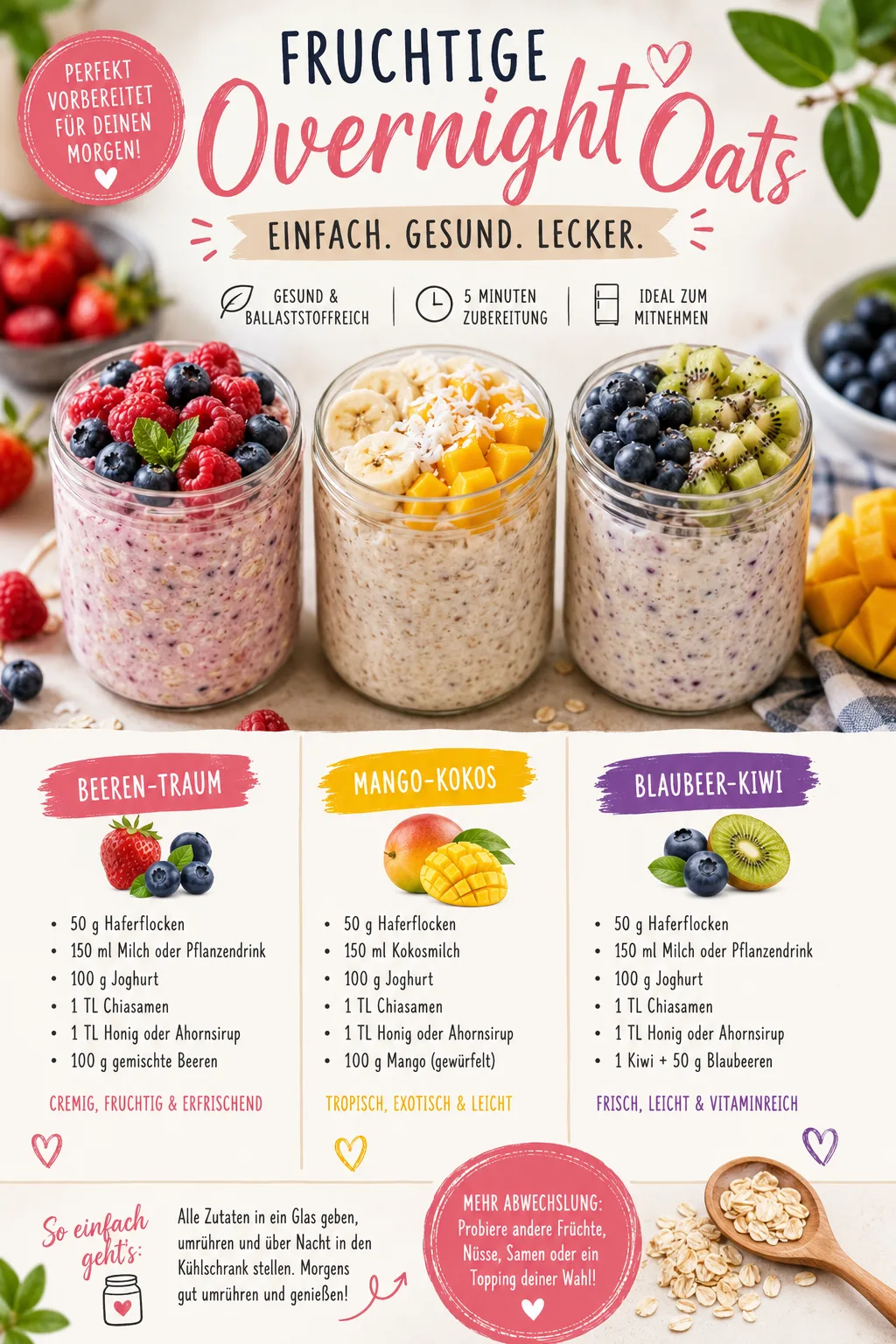 Drei Gläser gefüllt mit Overnight Oats und verschiedenen Obstsorten wie Beeren, Mango und Kiwi auf hellem Untergrund.