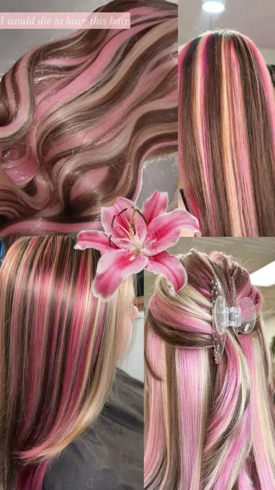 Eine Collage aus vier Bildern zeigt braunes Haar mit blonden und pinken Strähnen, teilweise gewellt oder hochgesteckt.