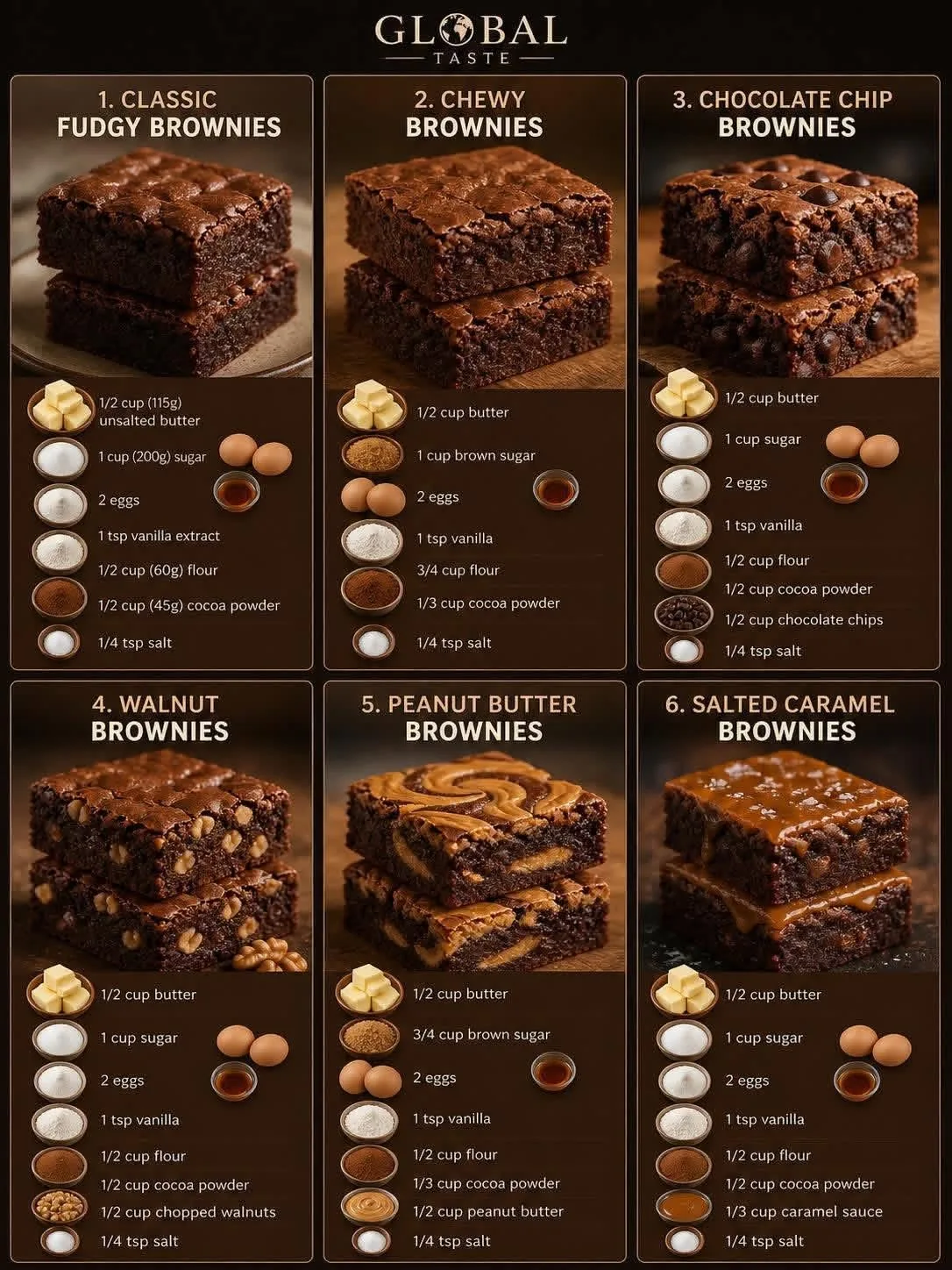 Eine Übersichtsgrafik mit sechs verschiedenen Brownie-Sorten und ihren jeweiligen Zutatenlisten.