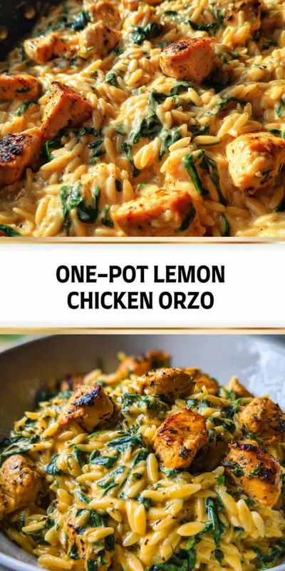 A close-up of a creamy orzo dish with seared chicken pieces and wilted spinach in a skillet.