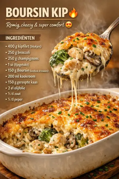 Een close-up van een romige ovenschotel met kip en broccoli die met een lepel uit een ovenschaal wordt geschept.