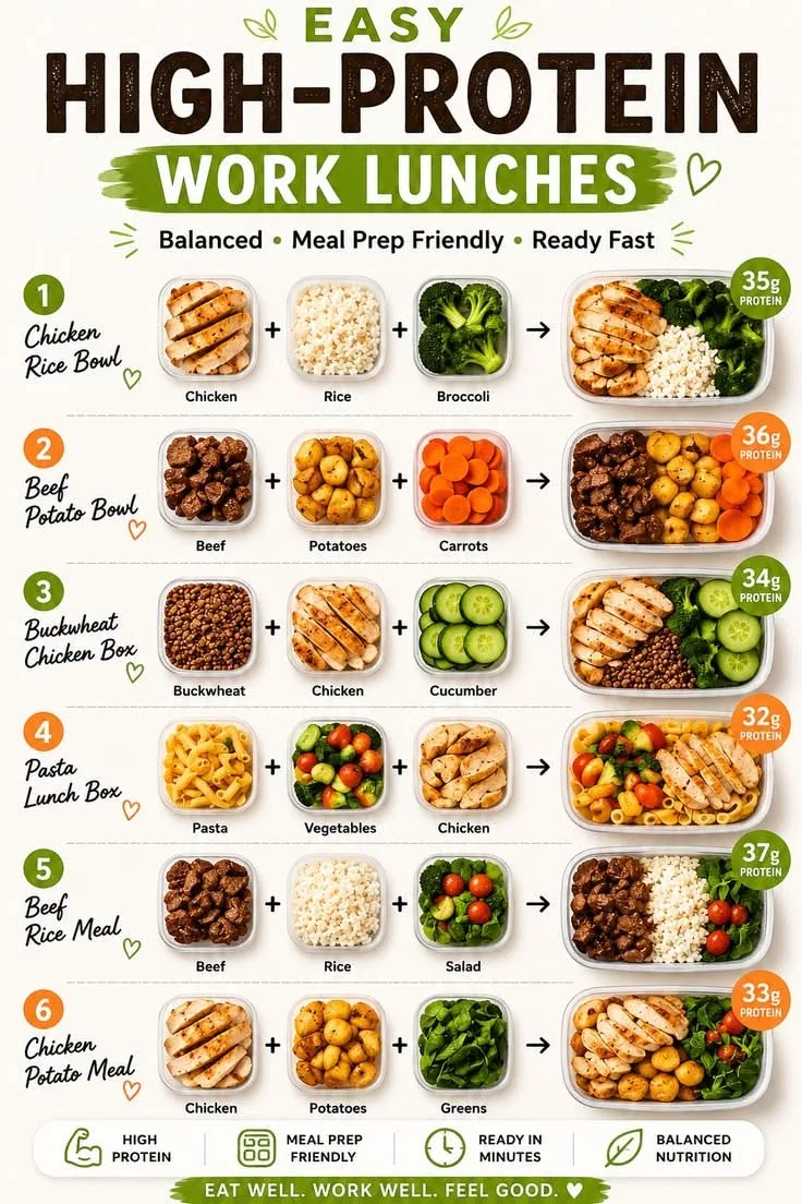 Infografik mit sechs verschiedenen, proteinreichen Meal-Prep-Mittagessen in transparenten Behältern.