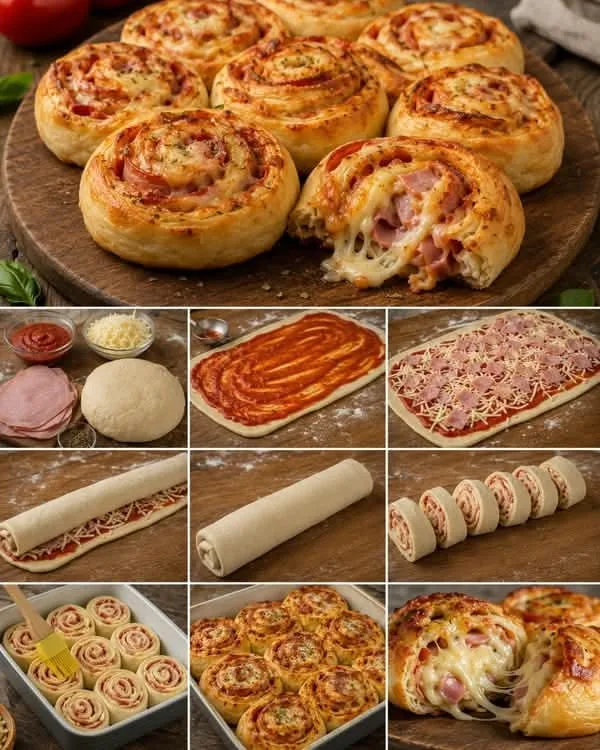 Une planche en bois présentant plusieurs roulés à la pizza dorés, garnis de jambon et de fromage fondant.