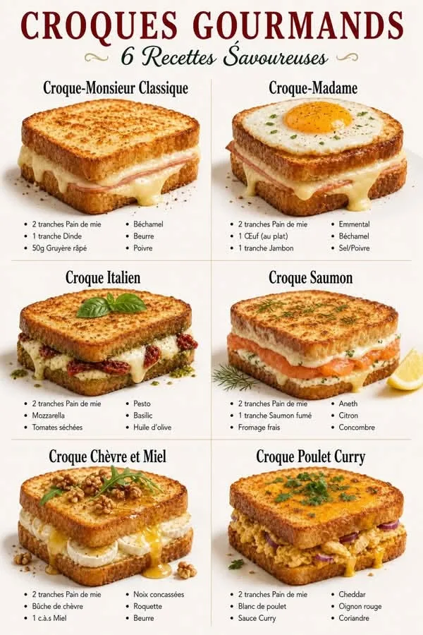 Une infographie présentant six variantes de croque-monsieur avec leurs ingrédients respectifs.