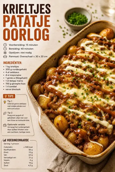 Een rechthoekige ovenschaal gevuld met gebakken krieltjes, gekruid gehakt en gesmolten kaas met sauzen.