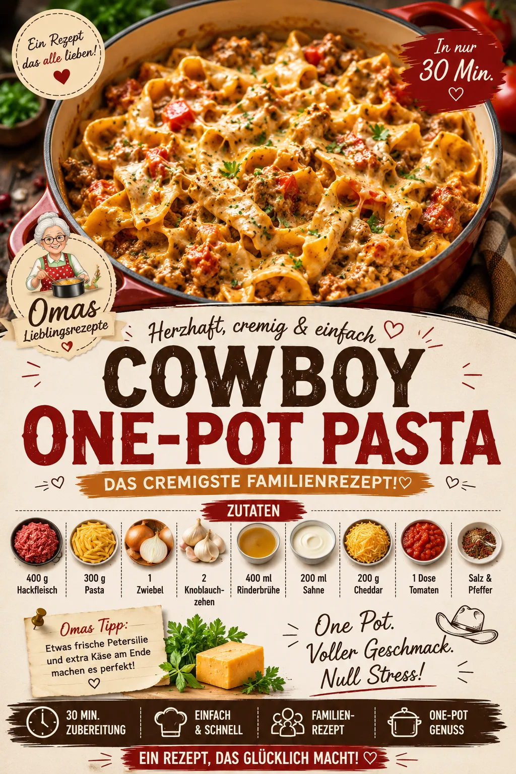 Eine herzhafte Cowboy One-Pot Pasta mit Hackfleisch und geschmolzenem Käse in einem roten gusseisernen Topf.