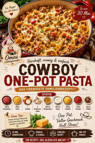 Eine herzhafte Cowboy One-Pot Pasta mit Hackfleisch und geschmolzenem Käse in einem roten gusseisernen Topf.