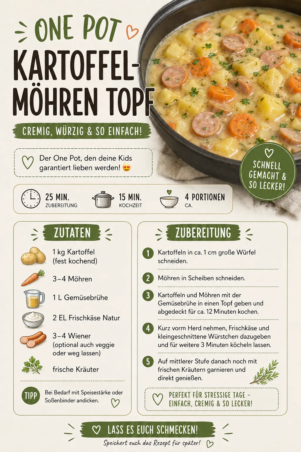 Ein herzhafter Kartoffel-Möhren-Eintopf mit Wurststücken in einem schwarzen Topf.