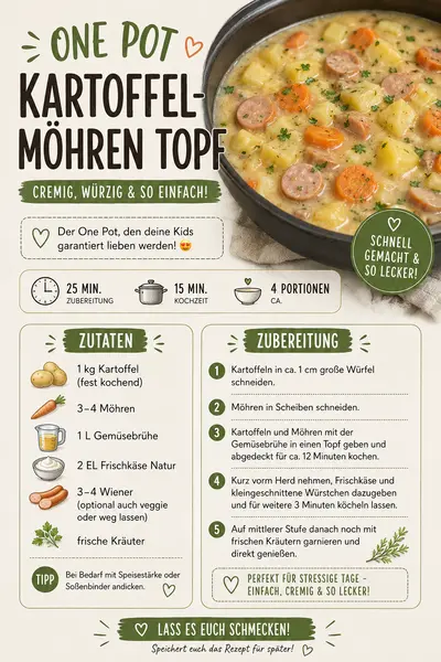 Ein herzhafter Kartoffel-Möhren-Eintopf mit Wurststücken in einem schwarzen Topf.