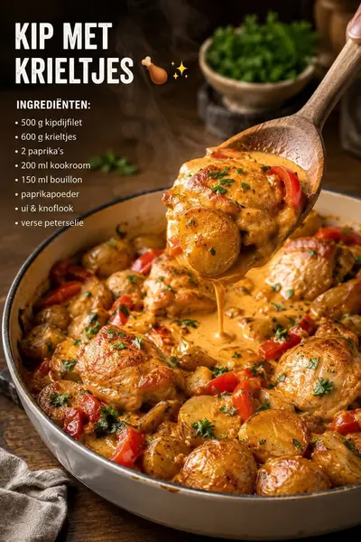 Een close-up van een pan vol romige kipdijfilet, krieltjes en paprika, opgeschept met een houten lepel.