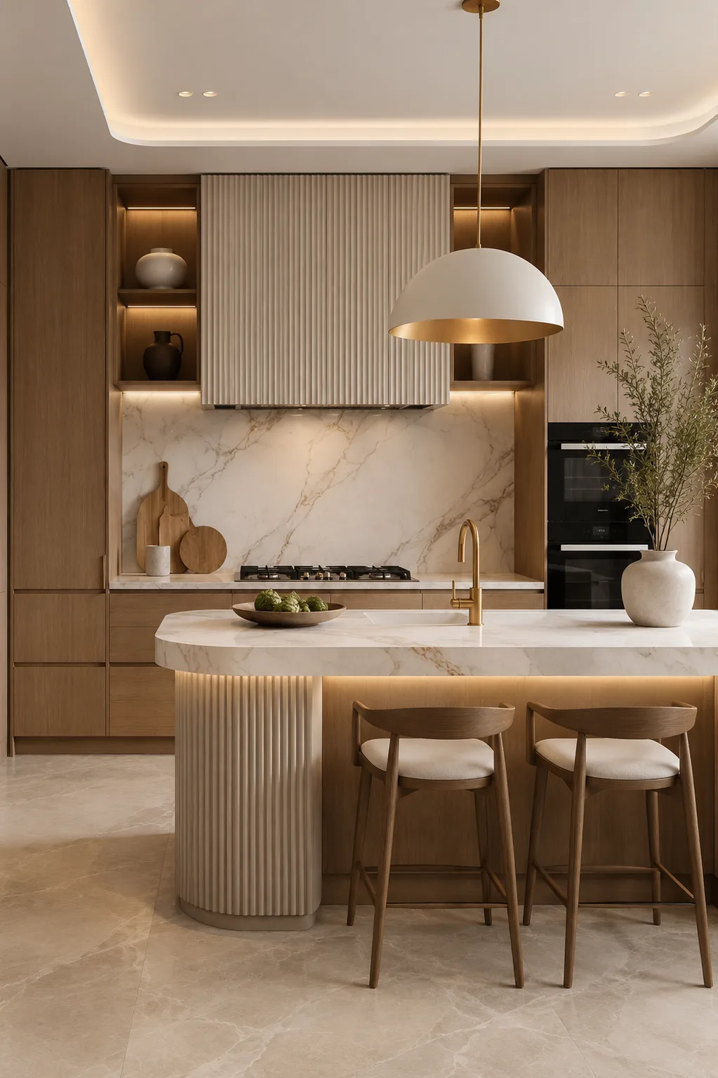 Moderne Küchenzeile mit geriffelter Insel, Marmorplatte und warmen Holztönen sowie goldener Pendelleuchte.