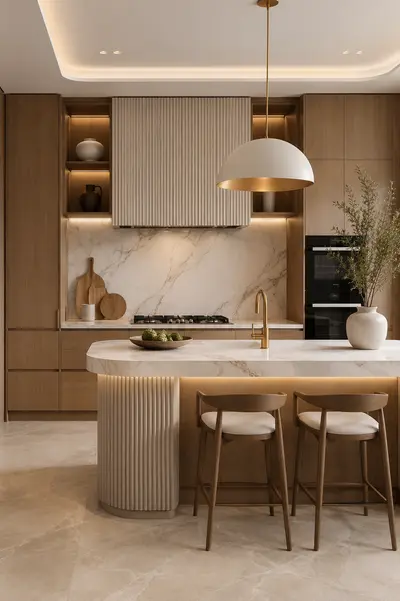 Moderne Küchenzeile mit geriffelter Insel, Marmorplatte und warmen Holztönen sowie goldener Pendelleuchte.