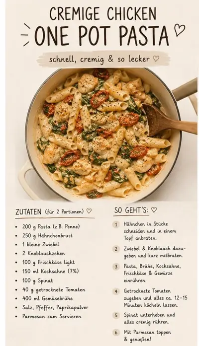 Eine Draufsicht auf einen hellen Topf mit cremiger One-Pot-Pasta, Hähnchen, Spinat und getrockneten Tomaten.