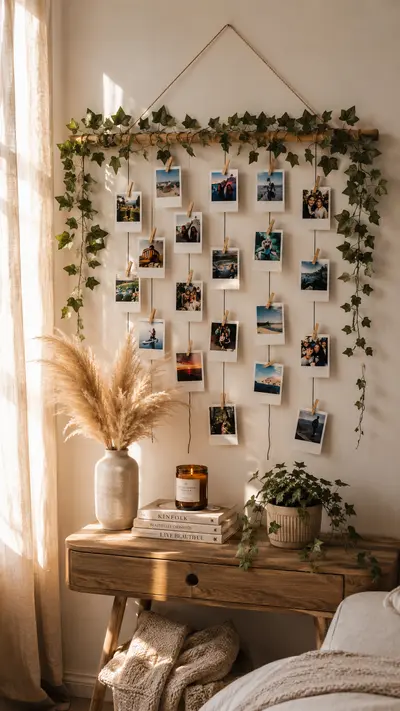 Eine hängende Fotogalerie mit Polaroid-Fotos an einem Efeu-umrankten Holzstab über einem Konsolentisch mit Pampasgras.