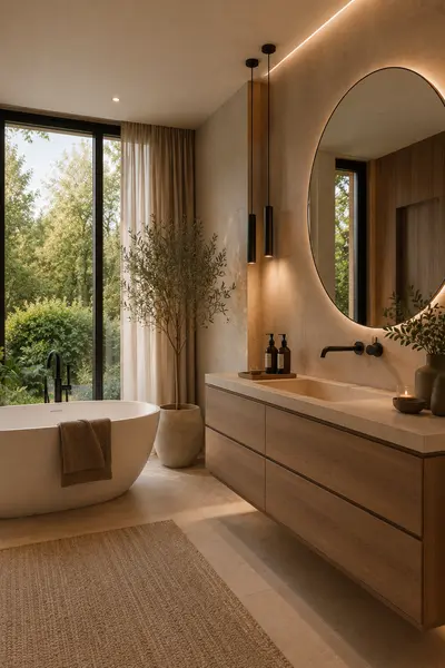 Ein modernes, in warmen Erdtönen gehaltenes Badezimmer mit freistehender Wanne und Blick ins Grüne.