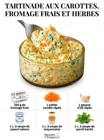 Un bol en verre rempli d'une tartinade crémeuse aux carottes râpées et herbes avec une cuillère.