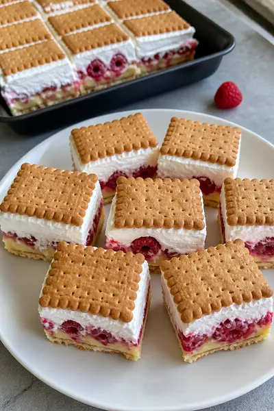 Ein Teller mit quadratischen Stücken von Butterkeks-Himbeer-Kuchen, belegt mit Sahne, Beeren und einem Keksdeckel.