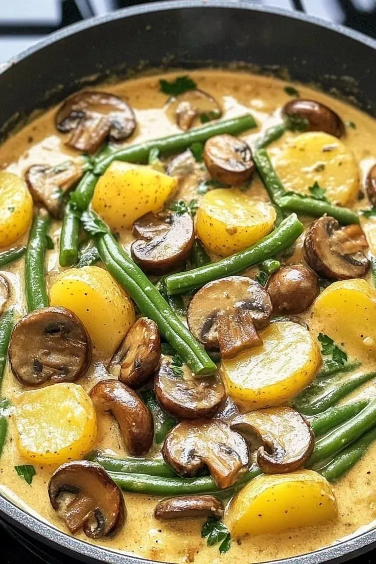 Eine Nahaufnahme einer Pfanne mit Kartoffeln, Champignons und grünen Bohnen in einer cremigen Soße.