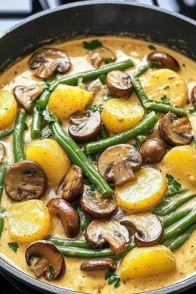 Eine Nahaufnahme einer Pfanne mit Kartoffeln, Champignons und grünen Bohnen in einer cremigen Soße.