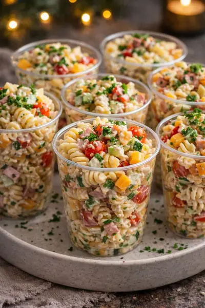 Verrines transparentes remplies d'une salade de pâtes colorée avec jambon, fromage et légumes, sur un plateau.