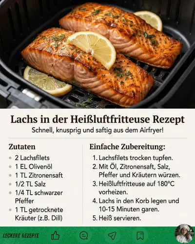 Zwei goldbraun gebratene Lachsfilets mit Zitronenscheiben im schwarzen Korb einer Heißluftfritteuse.