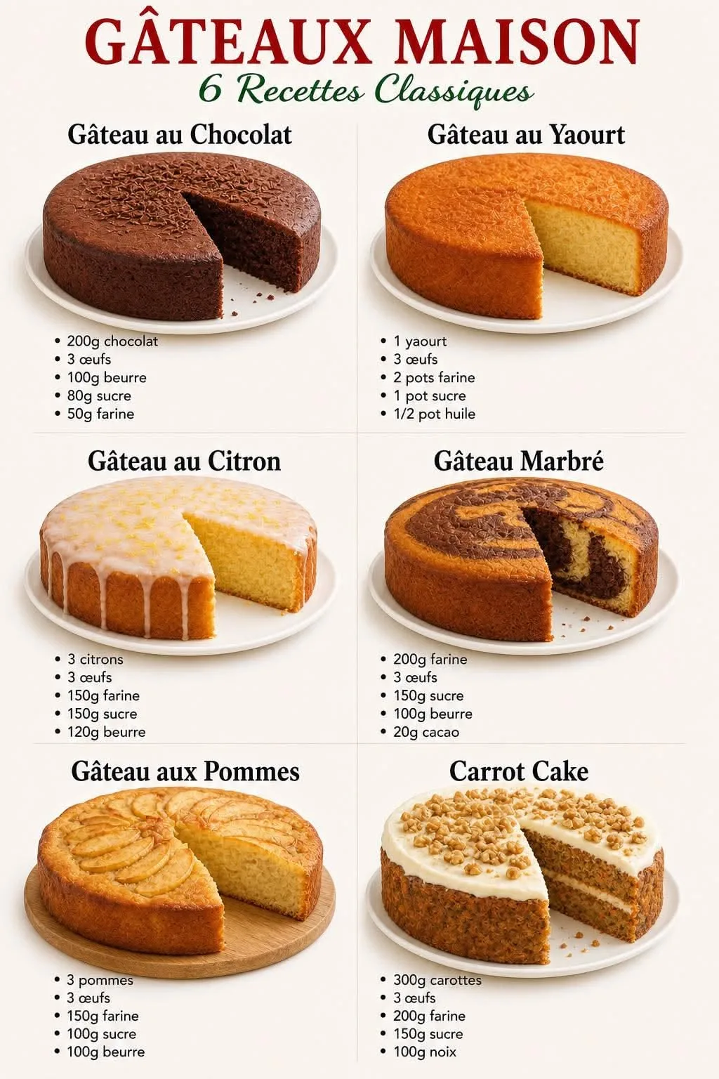 Une infographie présentant six gâteaux faits maison sur des assiettes blanches avec leurs ingrédients principaux.