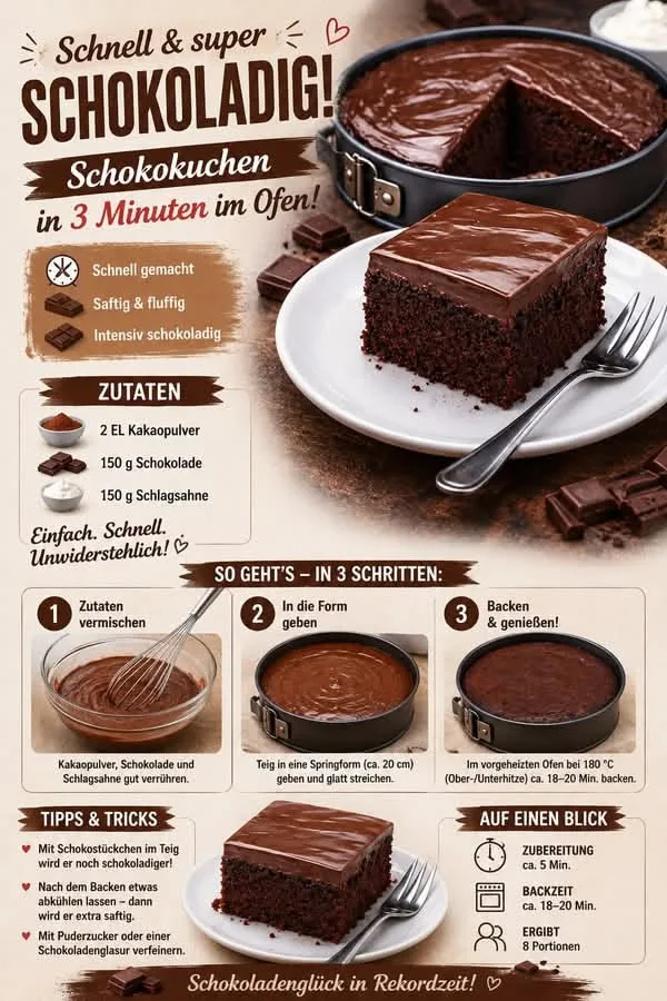 Ein saftiges Stück Schokoladenkuchen auf einem weißen Teller neben einer Gabel und einem ganzen Kuchen in der Form.