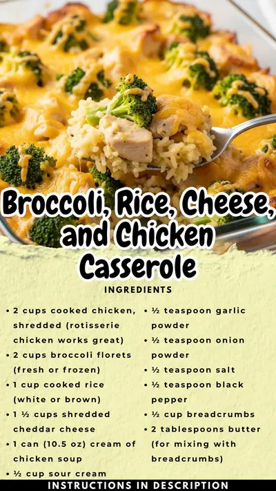 A close-up view of a baked cheesy chicken, broccoli, and rice casserole being lifted from a glass dish with a spoon.