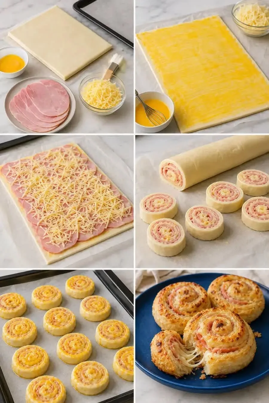 Schritt-für-Schritt-Zubereitung von goldbraunen Schinken-Käse-Schnecken auf einem Backblech und einem Teller.