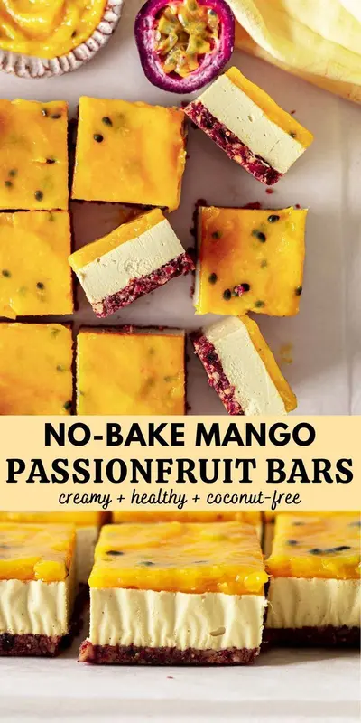 Draufsicht und Seitenansicht von quadratischen Mango-Passionsfrucht-Schnitten mit einer dunklen Basis und gelbem Spiegel.