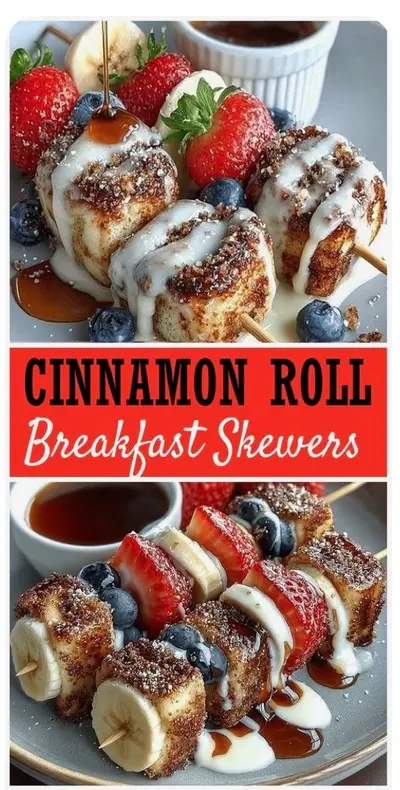 Two wooden skewers threaded with cinnamon roll bites, banana slices, and strawberries, topped with a white glaze.