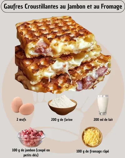 Deux gaufres salées dorées et croustillantes avec du jambon et du fromage fondu, entourées de leurs ingrédients.