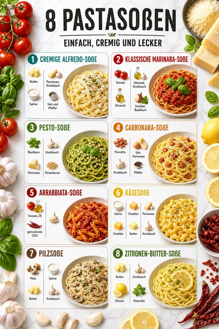 Eine Übersichtsgrafik zeigt acht verschiedene Pastagerichte mit ihren jeweiligen Hauptzutaten.
