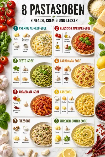 Eine Übersichtsgrafik zeigt acht verschiedene Pastagerichte mit ihren jeweiligen Hauptzutaten.