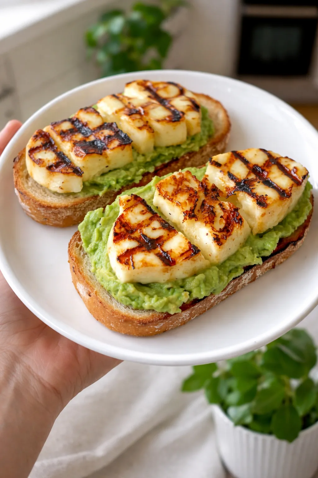 Zwei Scheiben geröstetes Brot mit Avocado und gegrillten Halloumi-Streifen auf einem weißen Teller.