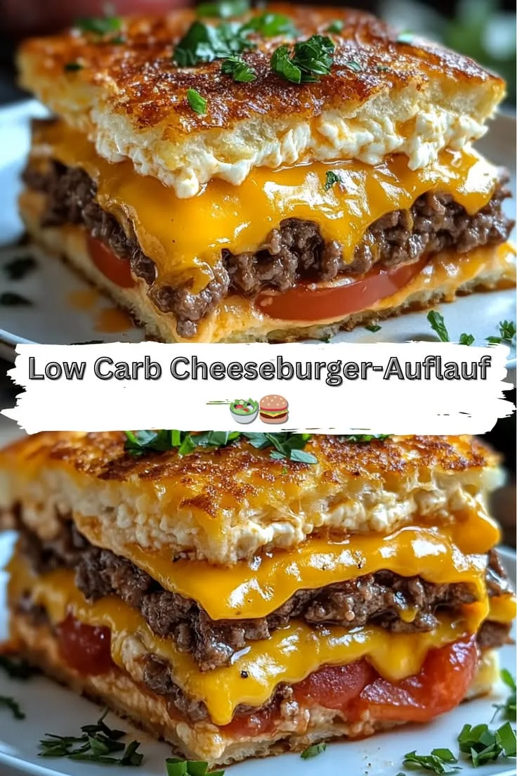 Ein quadratisches Stück geschichteter Low-Carb Cheeseburger-Auflauf auf einem weißen Teller mit frischen Kräutern.