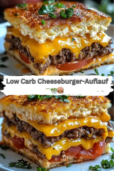 Ein quadratisches Stück geschichteter Low-Carb Cheeseburger-Auflauf auf einem weißen Teller mit frischen Kräutern.