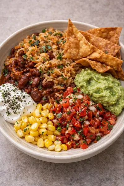 Een kom gevuld met een kleurrijke Mexicaanse taco bowl met rijst, bonen, verse salsa, guacamole en tortillachips.