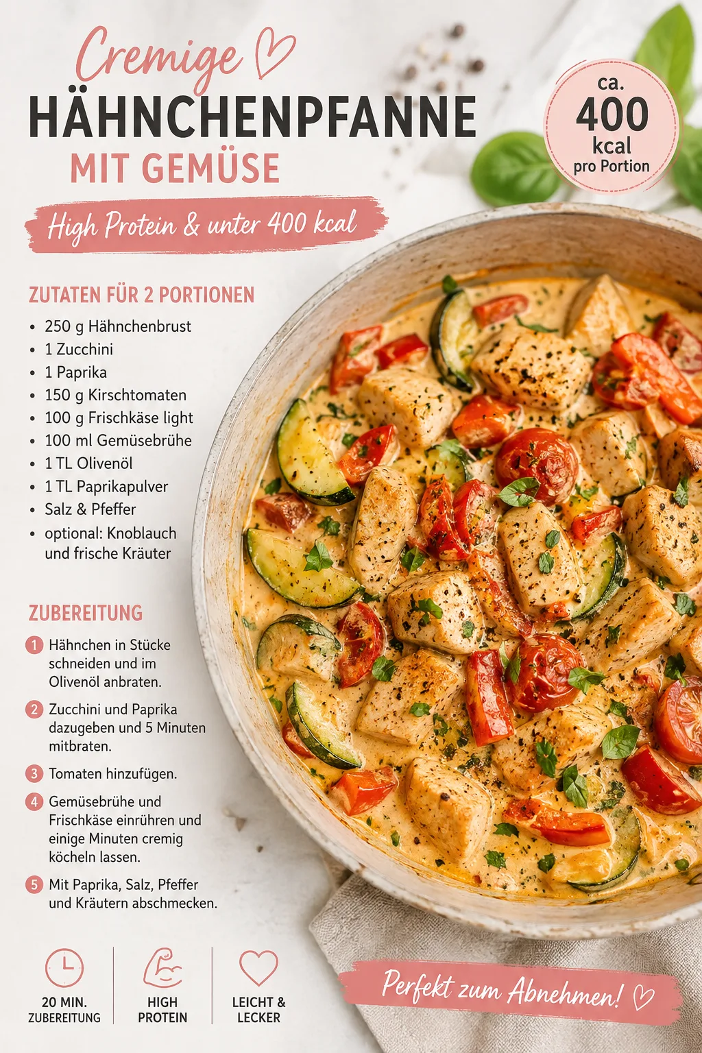 Eine Pfanne gefüllt mit gebratenem Hähnchen, Zucchini, Paprika und Tomaten in einer cremigen Soße mit frischen Kräutern.