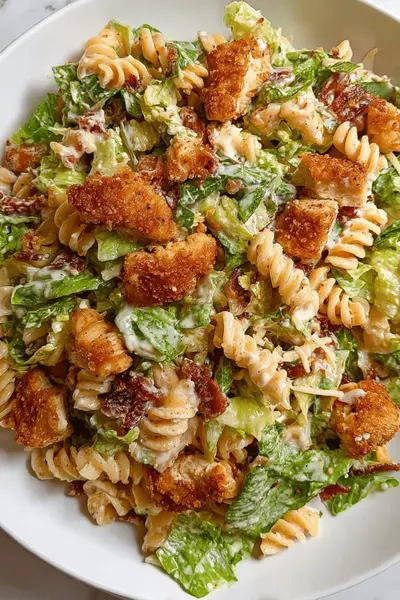 Eine weiße Schüssel gefüllt mit Nudelsalat aus Fusilli, Römersalat, paniertem Hähnchen und knusprigem Speck.