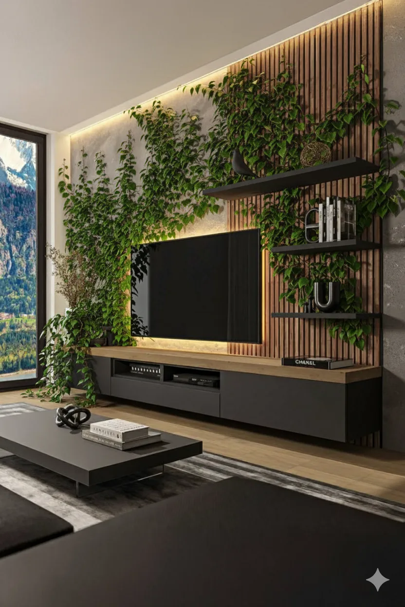 Eine moderne TV-Wand mit Holzlamellen, Kletterpflanzen, schwebendem Lowboard und integrierter LED-Beleuchtung.