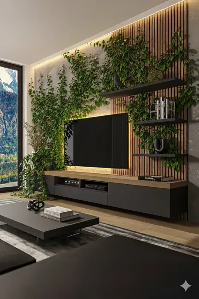 Eine moderne TV-Wand mit Holzlamellen, Kletterpflanzen, schwebendem Lowboard und integrierter LED-Beleuchtung.