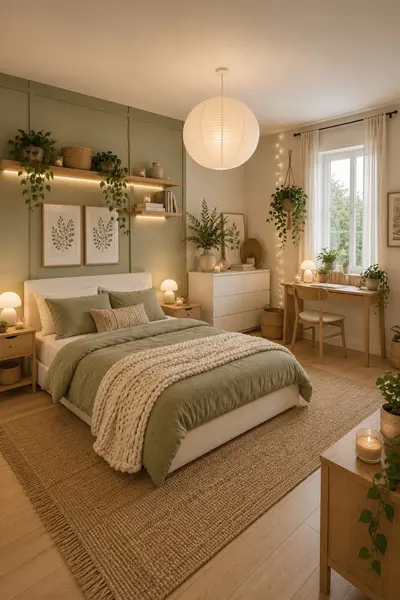 Ein skandinavisches Schlafzimmer mit salbeigrüner Wand, Naturholzmöbeln und vielen Pflanzen bei warmem Licht.