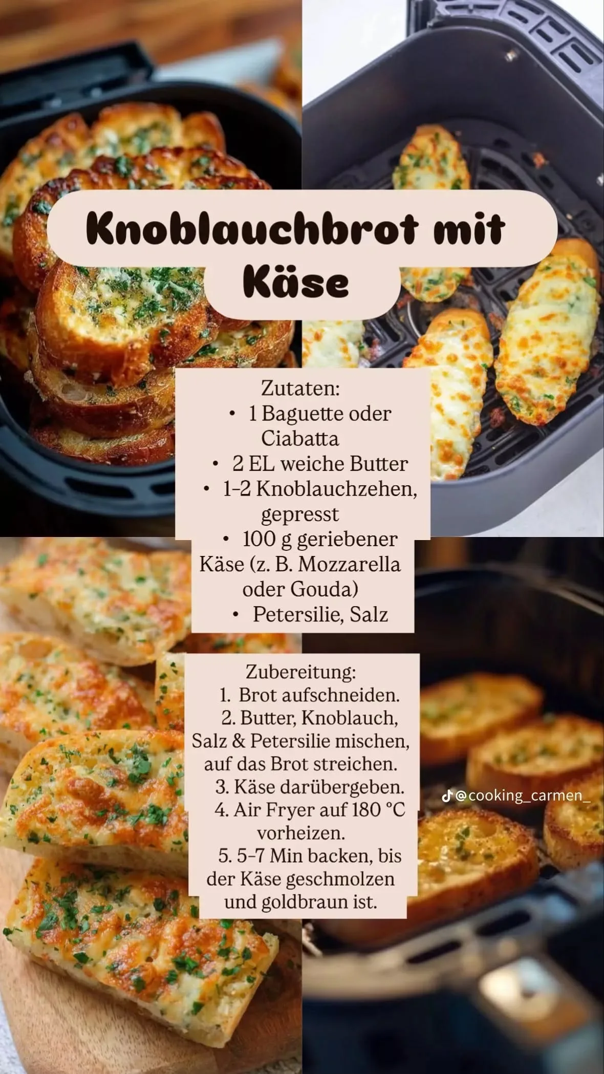 Ein goldbraun gebackenes Knoblauchbrot mit geschmolzenem Käse und frischen Kräutern in einer Heißluftfritteuse.