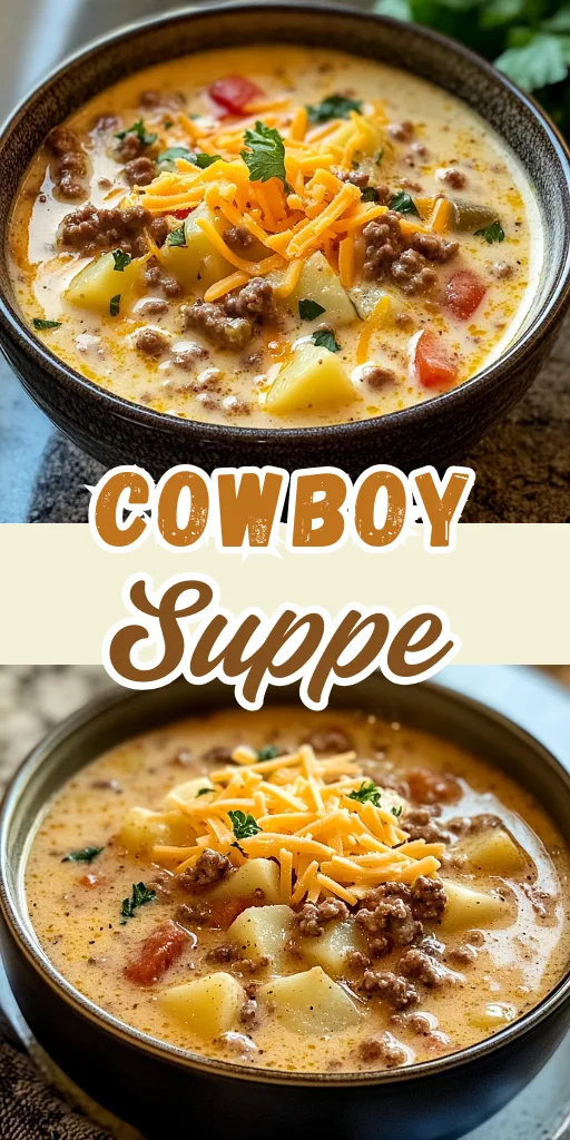 Zwei Schalen mit cremiger Cowboy-Suppe, garniert mit geriebenem Cheddar und frischen Kräutern.