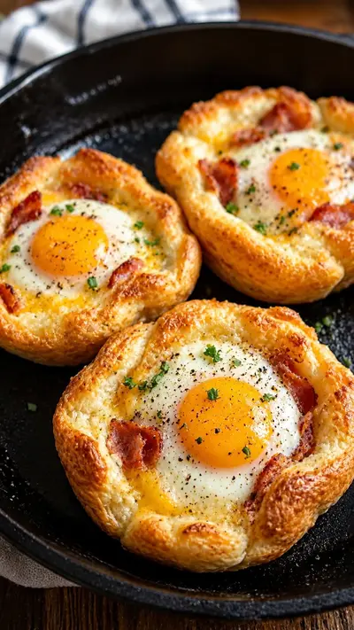 Three golden, flaky puff pastry tarts featuring a fried egg and bacon bits, served in a black cast iron skillet.