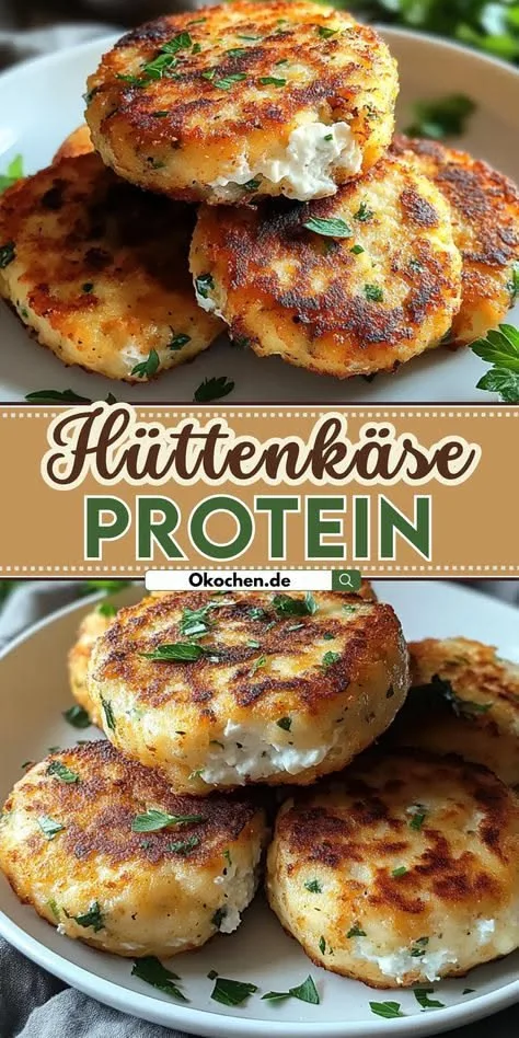Ein Teller mit goldbraun gebratenen Hüttenkäse-Talern, die mit frischen Kräutern bestreut sind.