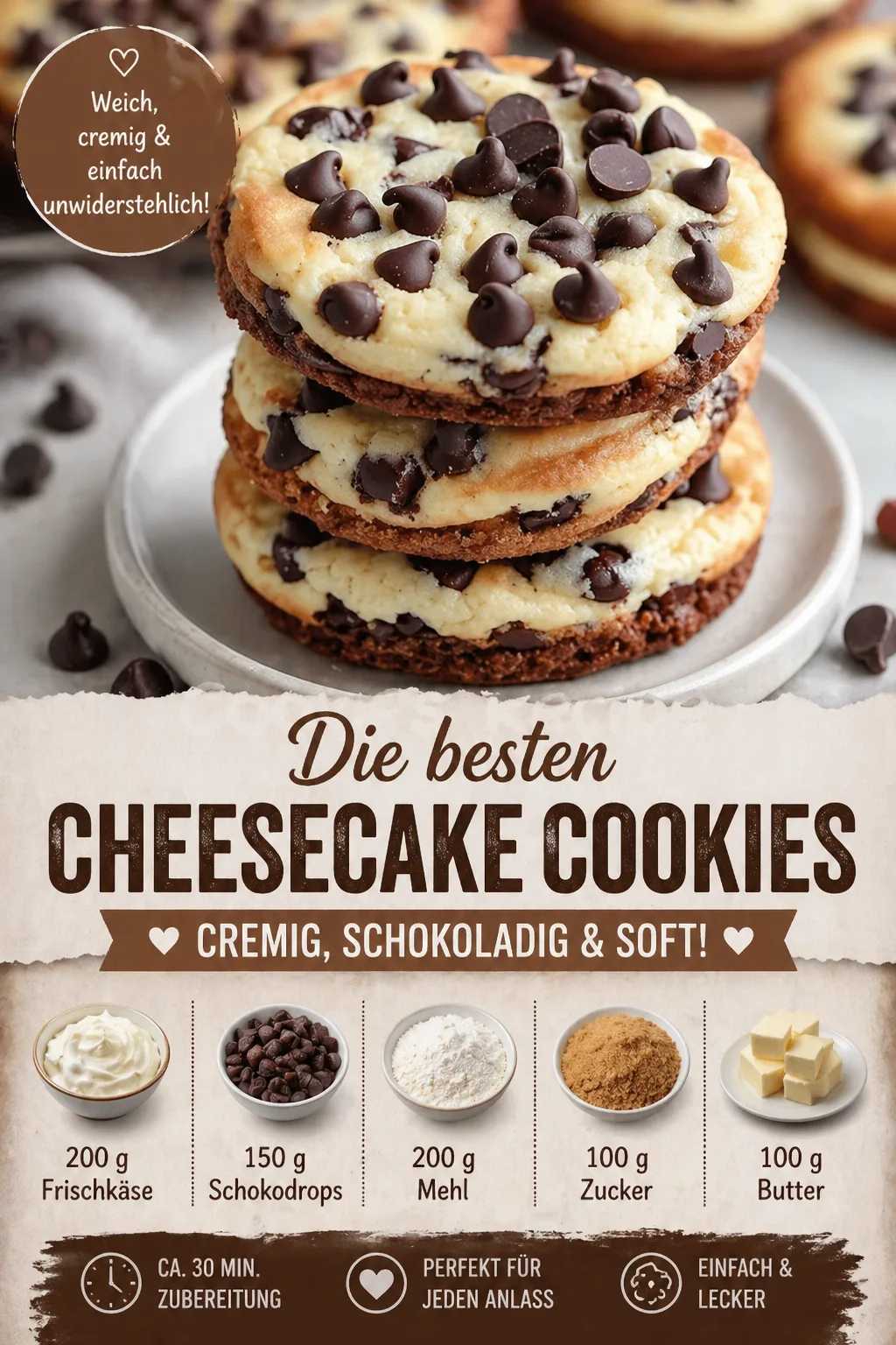 Ein Stapel von drei Cheesecake-Cookies mit Schokoladenteig und einer cremigen Käsekuchenschicht auf einem Teller.